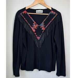 Vintage Leather V-neck Fringe Western Black Long Sleeve Top M